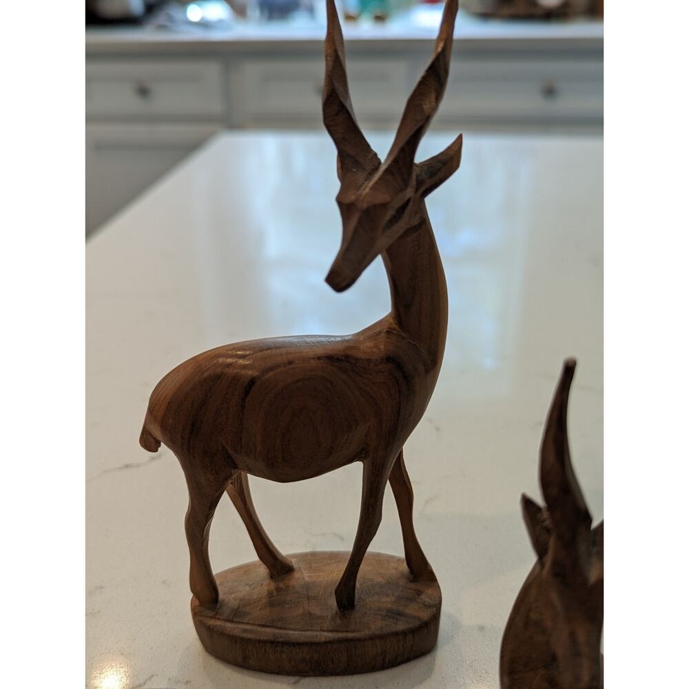 Carved Antelopes Set Of 3 Teak Wood Sculptures Hand carved Safari African... - Picture 12 of 14